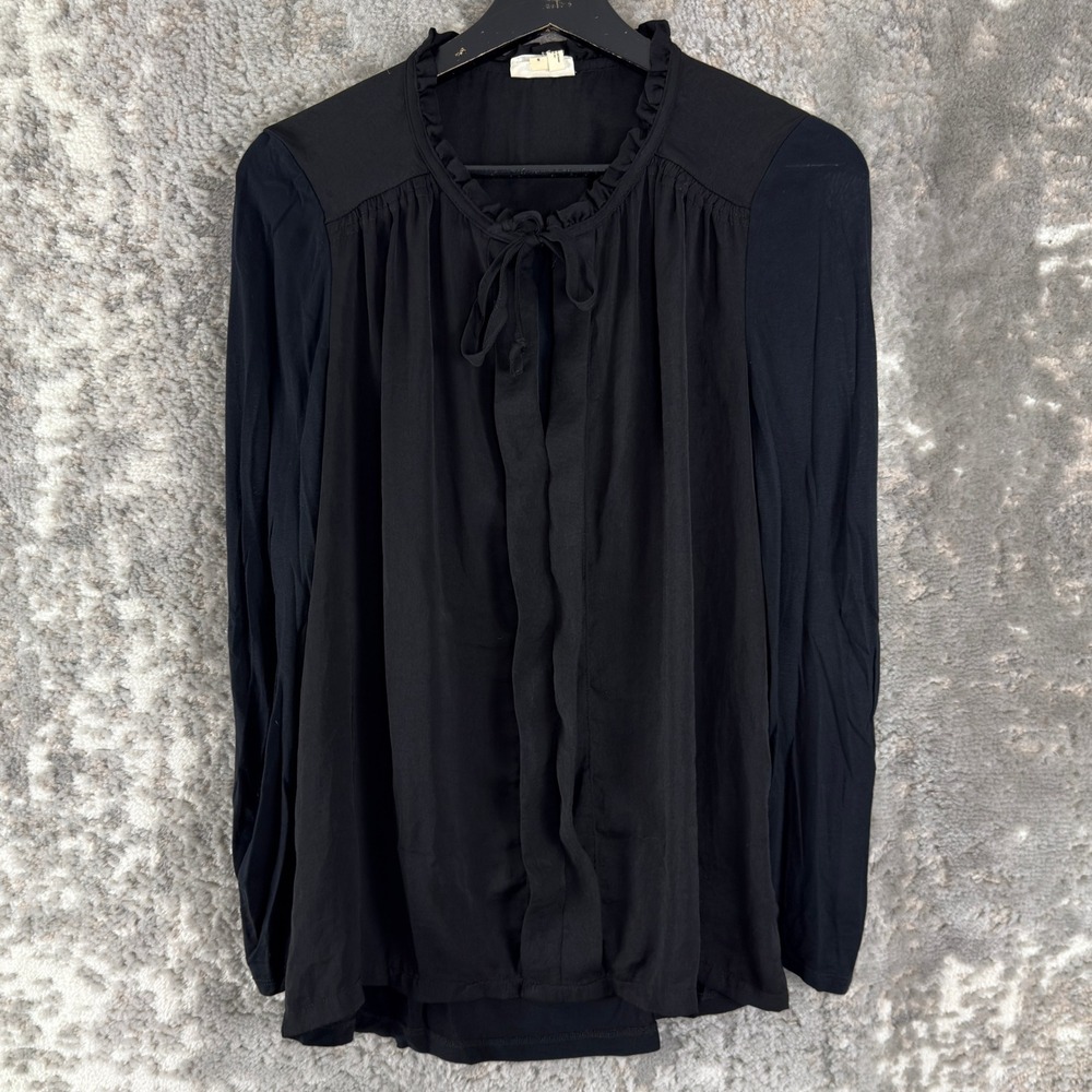 Meadow Rue Size S Ruffle Tie Neck Peasant Boho Blouse Black Long Sleeve Women